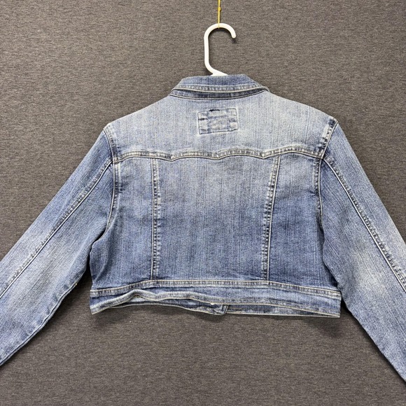 G Star Jeans Denim Jacket Womens Large Blue Cropped Button Front Embroidered - Picture 6 of 8